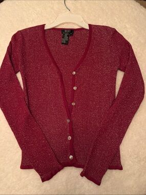 VTG BCBG MaxAzria Gold Shimmering Ribbed Knit V-Neck Red Sparkle Cardigan NEW
